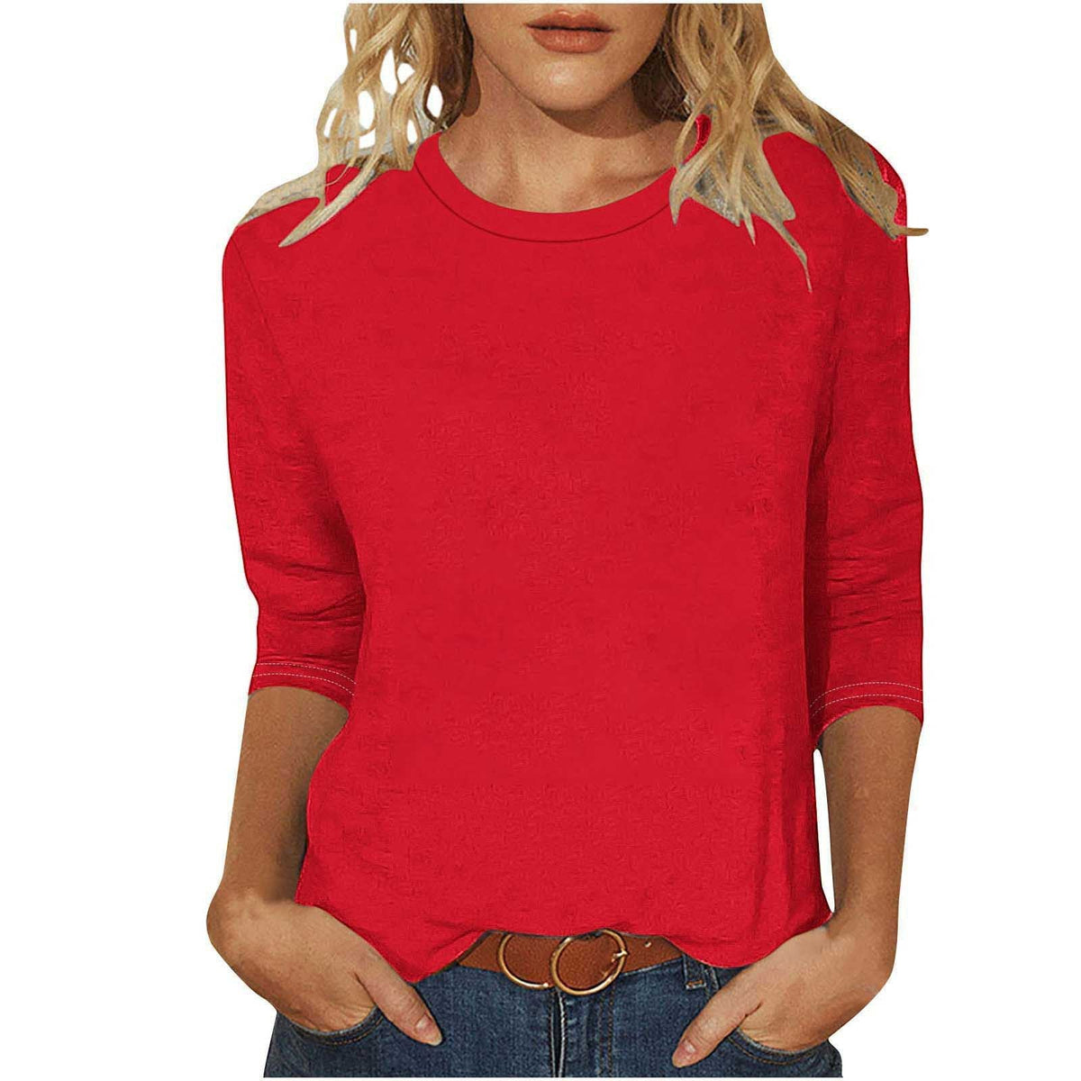Women's Casual Loose Fit 3/4 Sleeve Round Neck Top with Side Slits