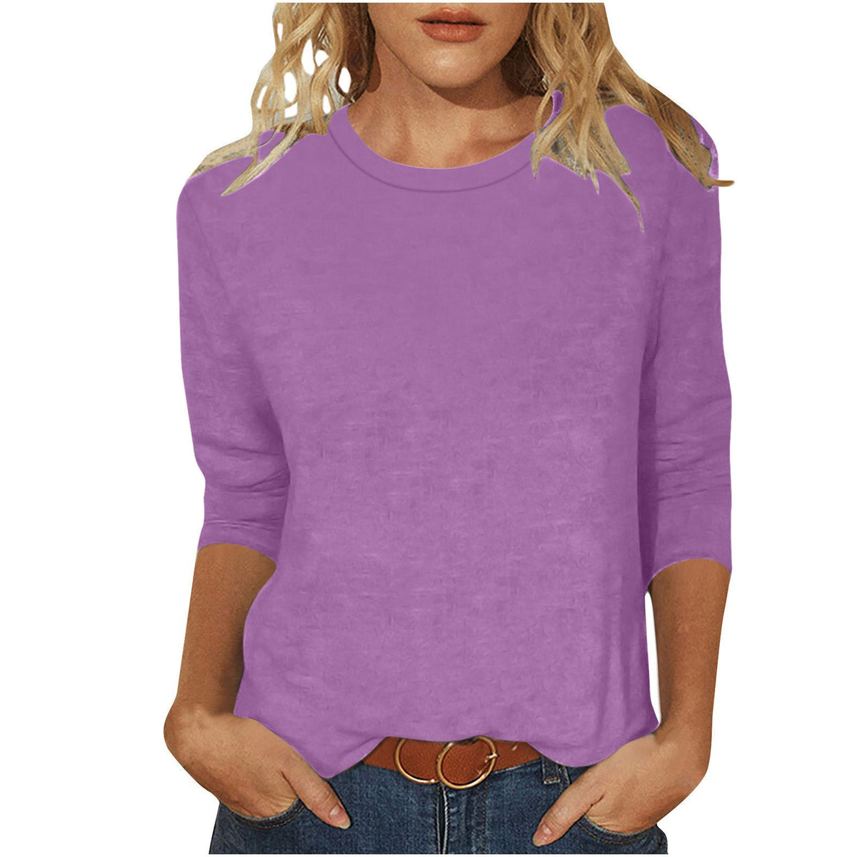 Women's Casual Loose Fit 3/4 Sleeve Round Neck Top with Side Slits