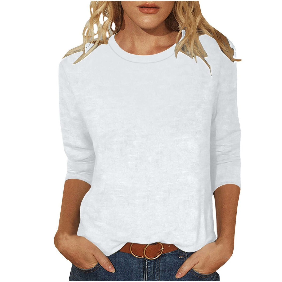 Women's Casual Loose Fit 3/4 Sleeve Round Neck Top with Side Slits
