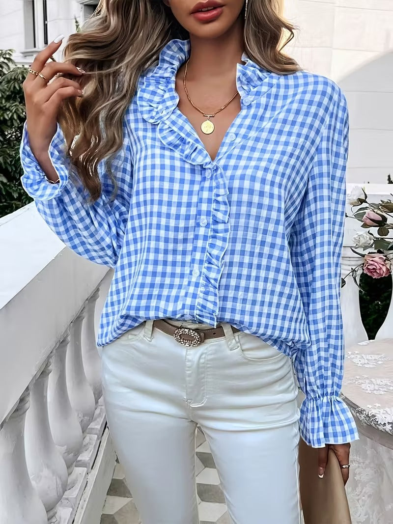 Women's Checkered Ruffle Blouse with Stand-Up Collar, Concealed Button Placket, and Bell Sleeves