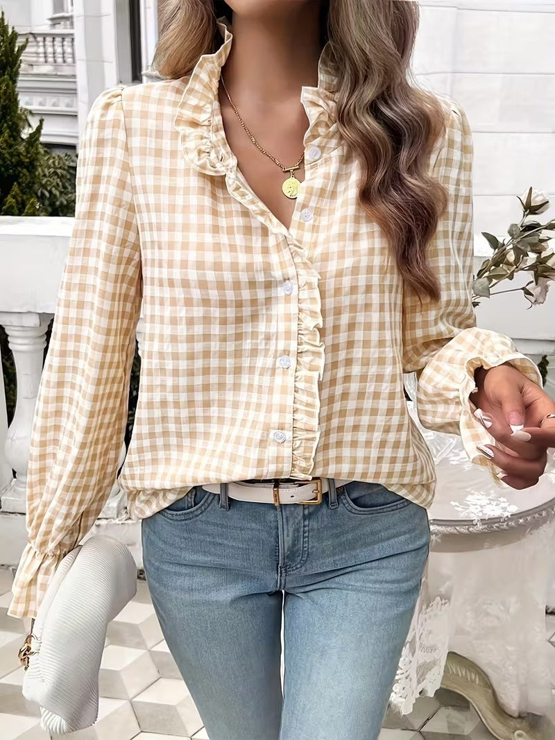 Women's Checkered Ruffle Blouse with Stand-Up Collar, Concealed Button Placket, and Bell Sleeves