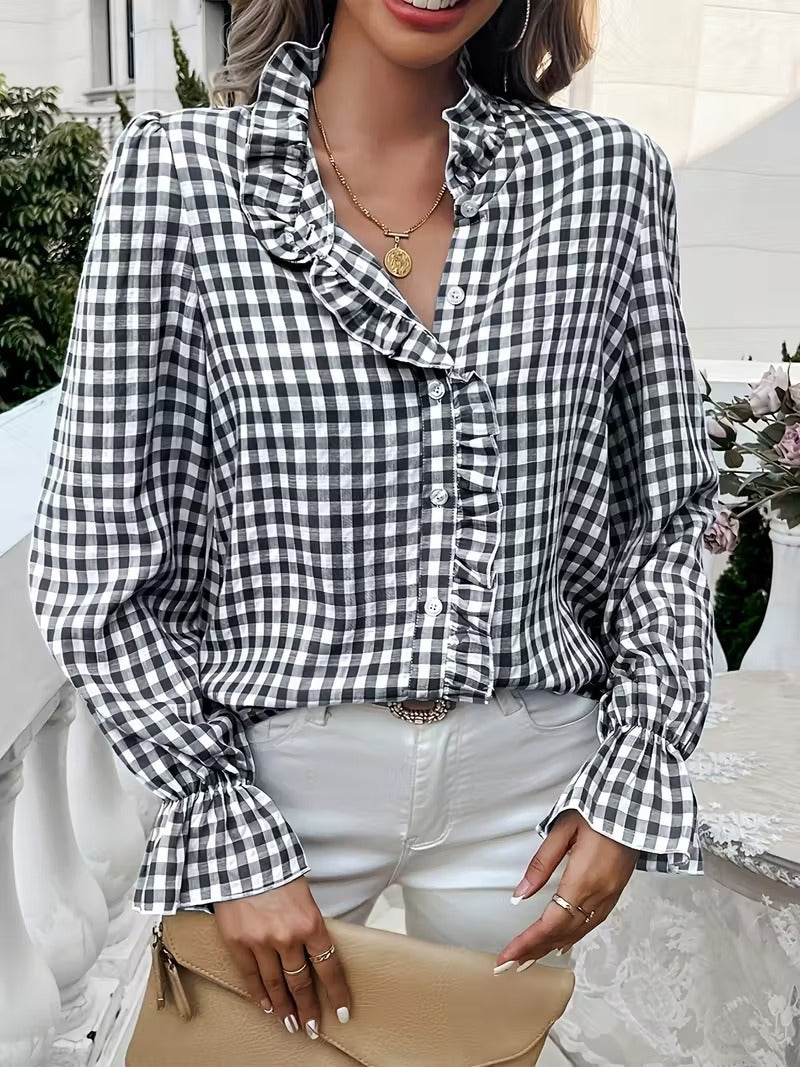 Women's Checkered Ruffle Blouse with Stand-Up Collar, Concealed Button Placket, and Bell Sleeves