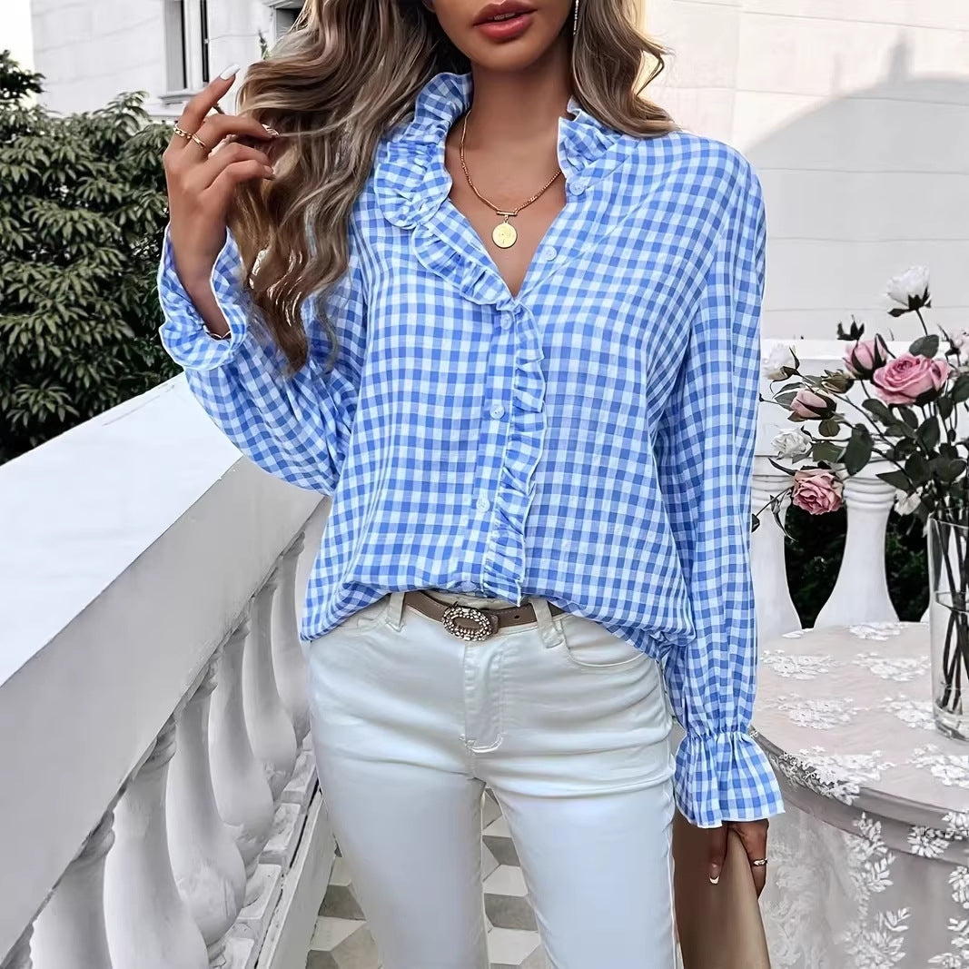 Women's Checkered Ruffle Blouse with Stand-Up Collar, Concealed Button Placket, and Bell Sleeves