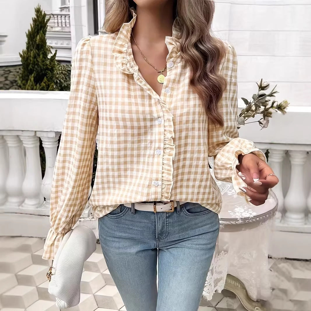 Women's Checkered Ruffle Blouse with Stand-Up Collar, Concealed Button Placket, and Bell Sleeves