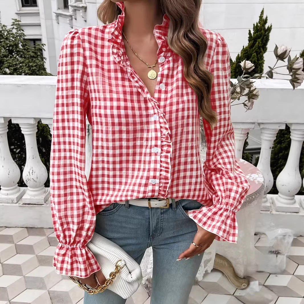 Women's Checkered Ruffle Blouse with Stand-Up Collar, Concealed Button Placket, and Bell Sleeves