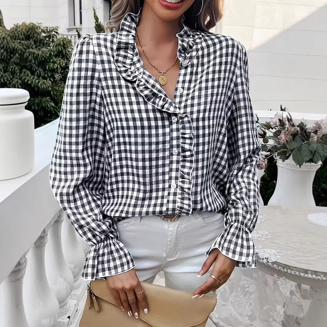 Women's Checkered Ruffle Blouse with Stand-Up Collar, Concealed Button Placket, and Bell Sleeves