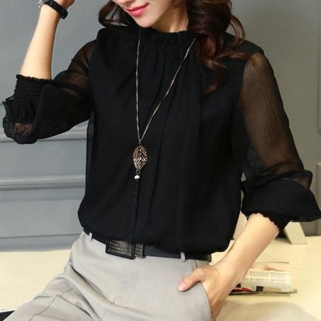 Women's Chiffon Blouse with Ruffles and Sheer Sleeves