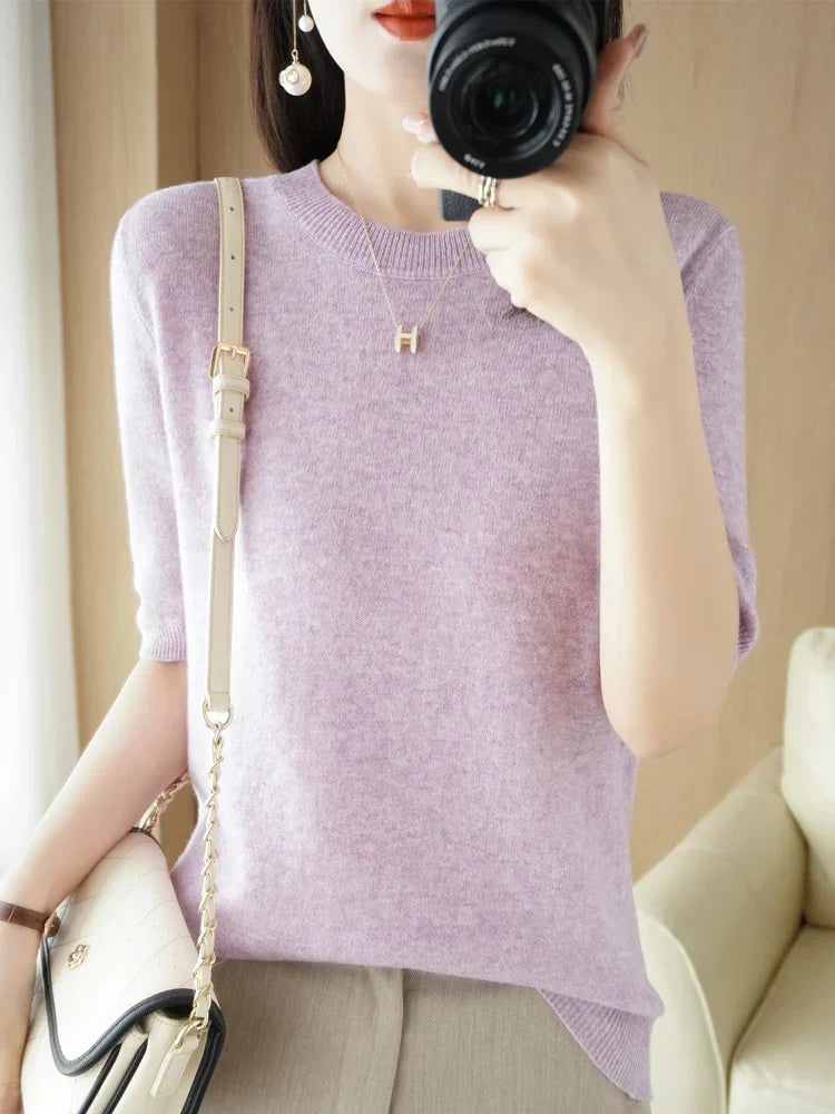 Women's Crew Neck Knitted Merino Wool Blend Sweater