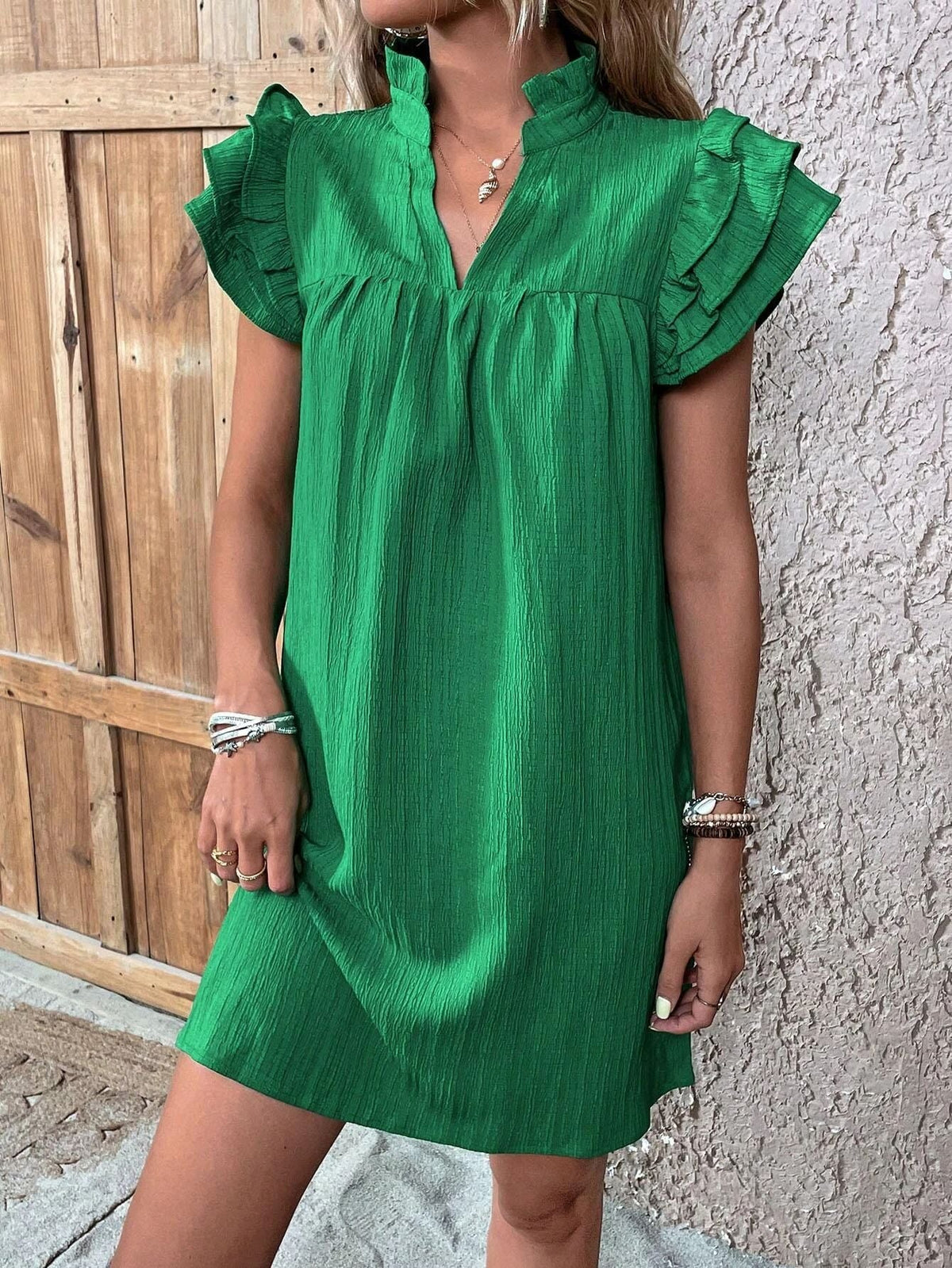 Women's Crinkle Mini Dress with Stand Collar, V-Neck and Ruffled Sleeves