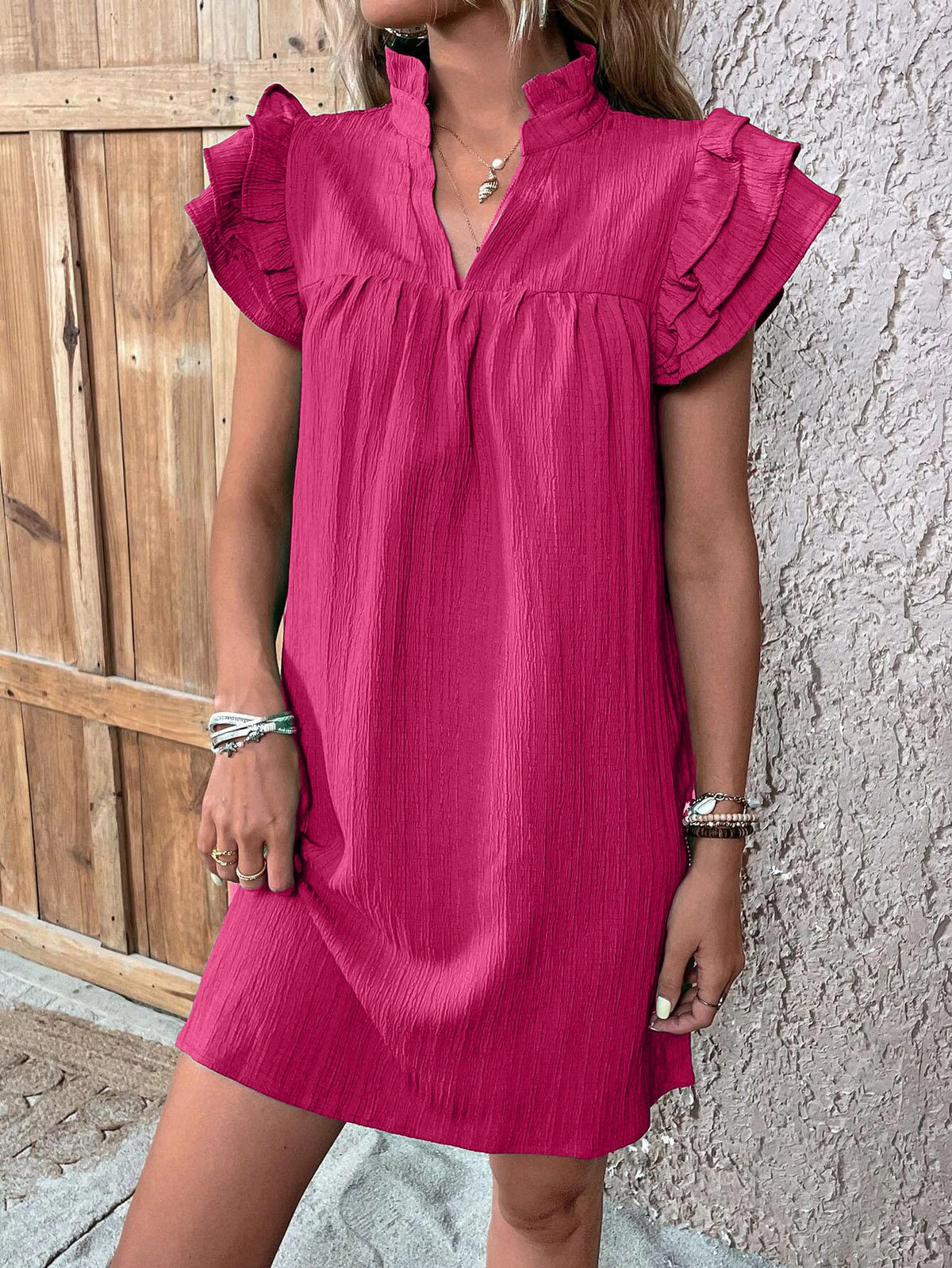 Women's Crinkle Mini Dress with Stand Collar, V-Neck and Ruffled Sleeves