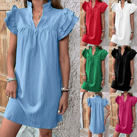 Women's Crinkle Mini Dress with Stand Collar, V-Neck and Ruffled Sleeves
