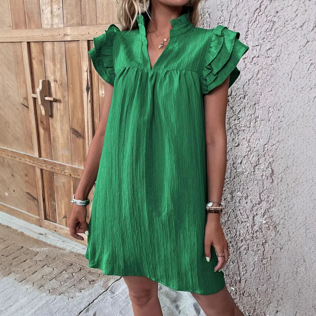 Women's Crinkle Mini Dress with Stand Collar, V-Neck and Ruffled Sleeves