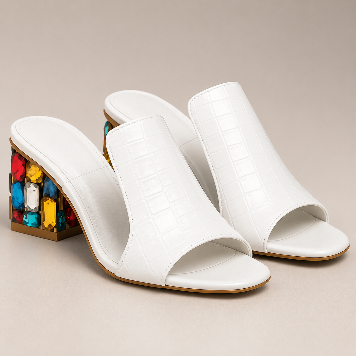 Women's Croc-Embossed Block Heel Sandals with Jewel Detail