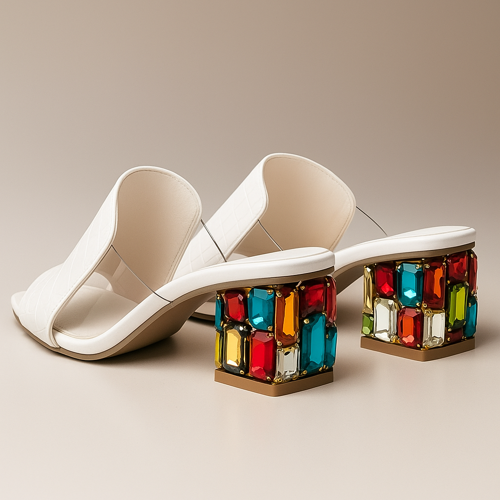 Women's Croc-Embossed Block Heel Sandals with Jewel Detail