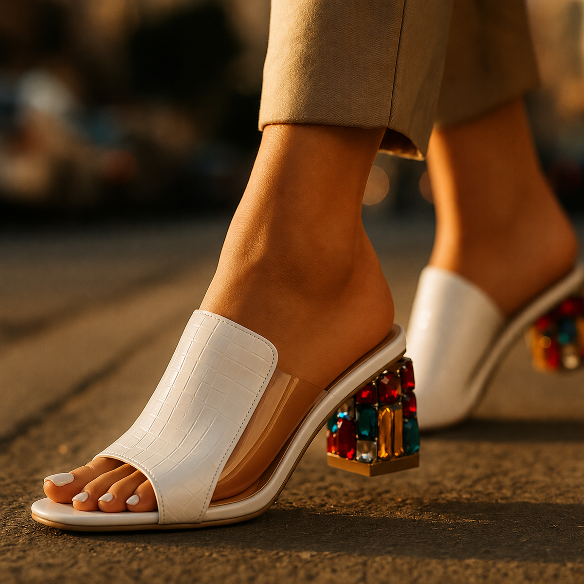 Women's Croc-Embossed Block Heel Sandals with Jewel Detail