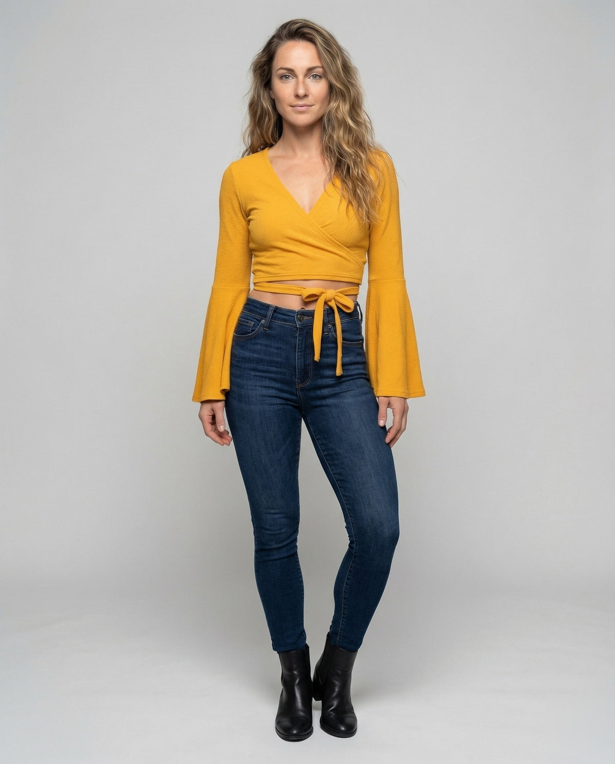 Women's Cropped Wrap Top with Bell Sleeves