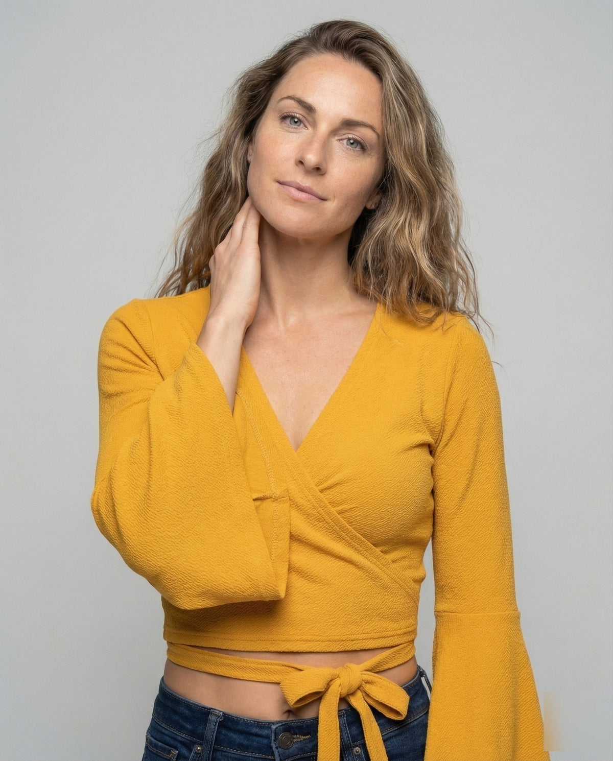 Women's Cropped Wrap Top with Bell Sleeves