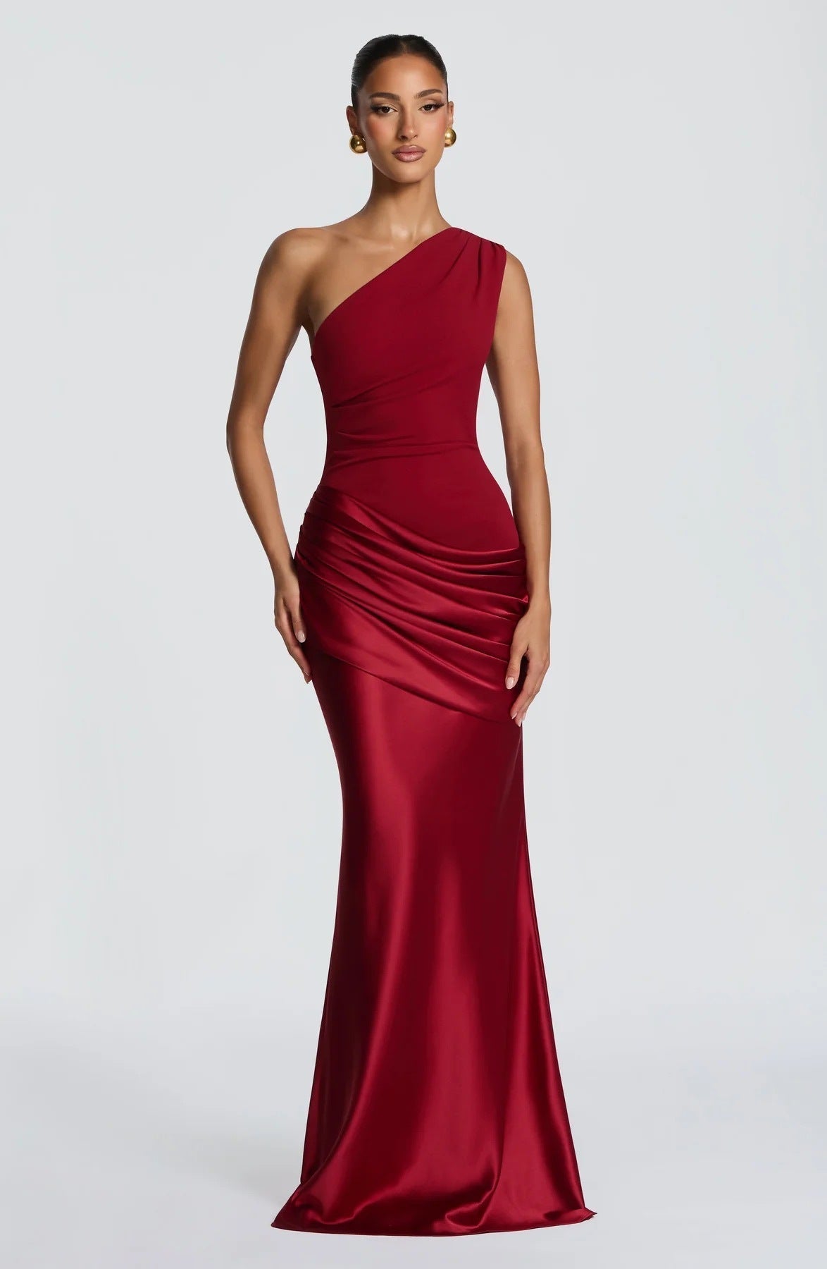 Women's Elegant Asymmetric Satin Evening Dress with Draped Design and Pockets