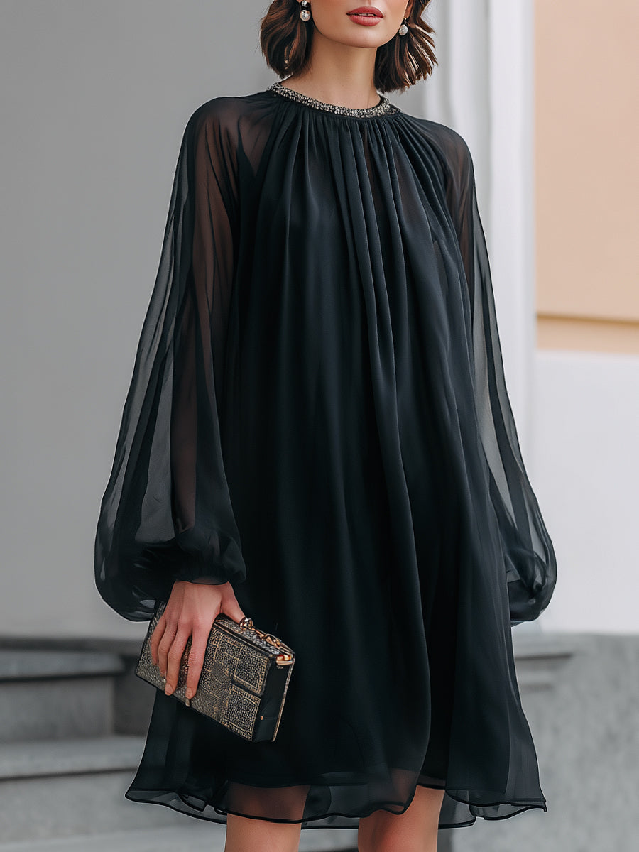 Women's Elegant Black Mini Dress with Embellished Neck & Balloon Sleeves