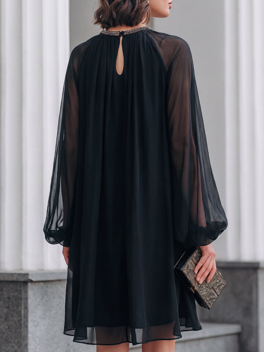 Women's Elegant Black Mini Dress with Embellished Neck & Balloon Sleeves
