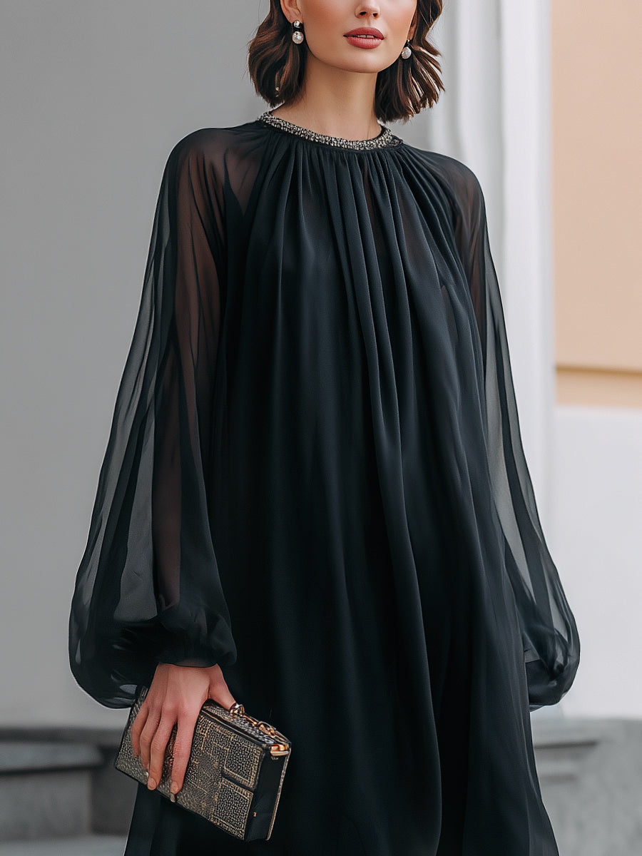 Women's Elegant Black Mini Dress with Embellished Neck & Balloon Sleeves