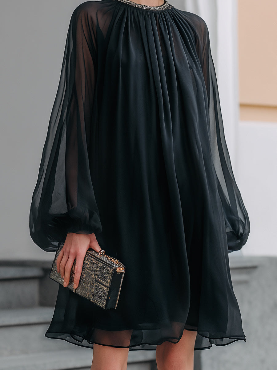 Women's Elegant Black Mini Dress with Embellished Neck & Balloon Sleeves