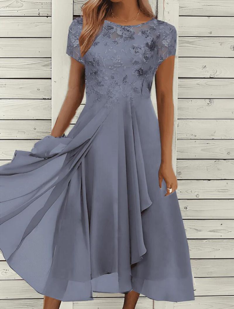 Women's Elegant Chiffon Midi Dress with Floral Lace Appliqué and Flowing A-Line Skirt
