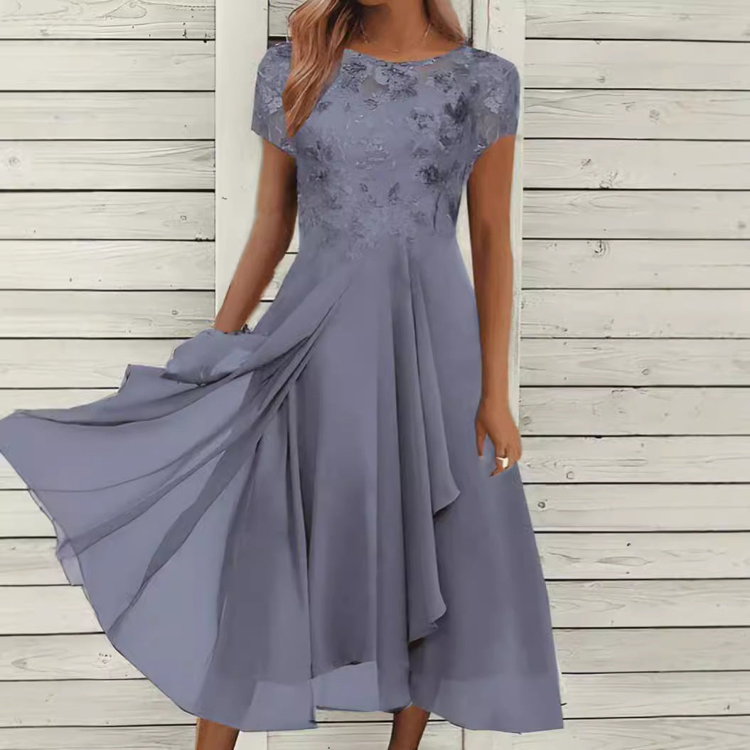 Women's Elegant Chiffon Midi Dress with Floral Lace Appliqué and Flowing A-Line Skirt