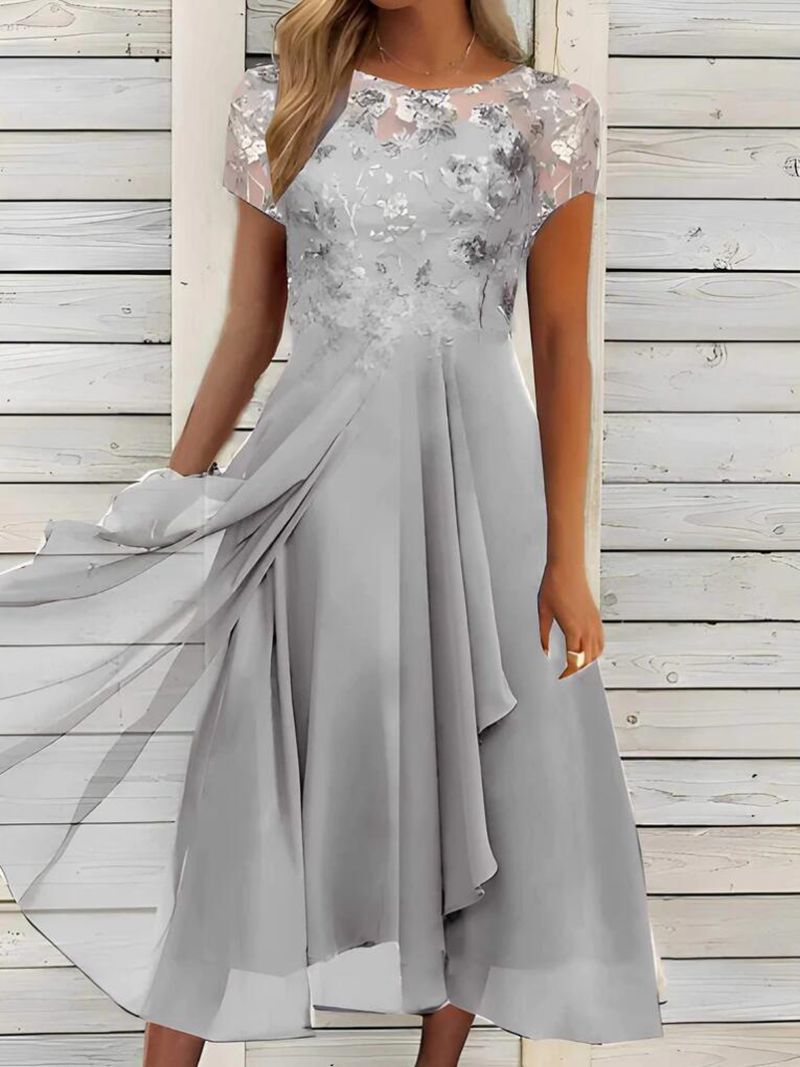 Women's Elegant Chiffon Midi Dress with Floral Lace Appliqué and Flowing A-Line Skirt
