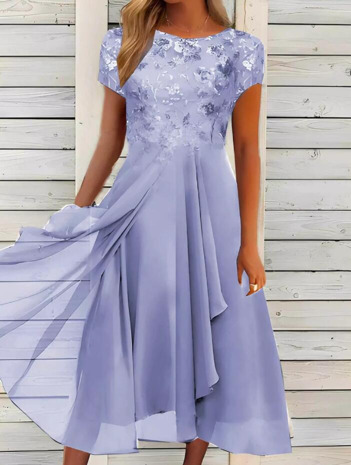 Women's Elegant Chiffon Midi Dress with Floral Lace Appliqué and Flowing A-Line Skirt