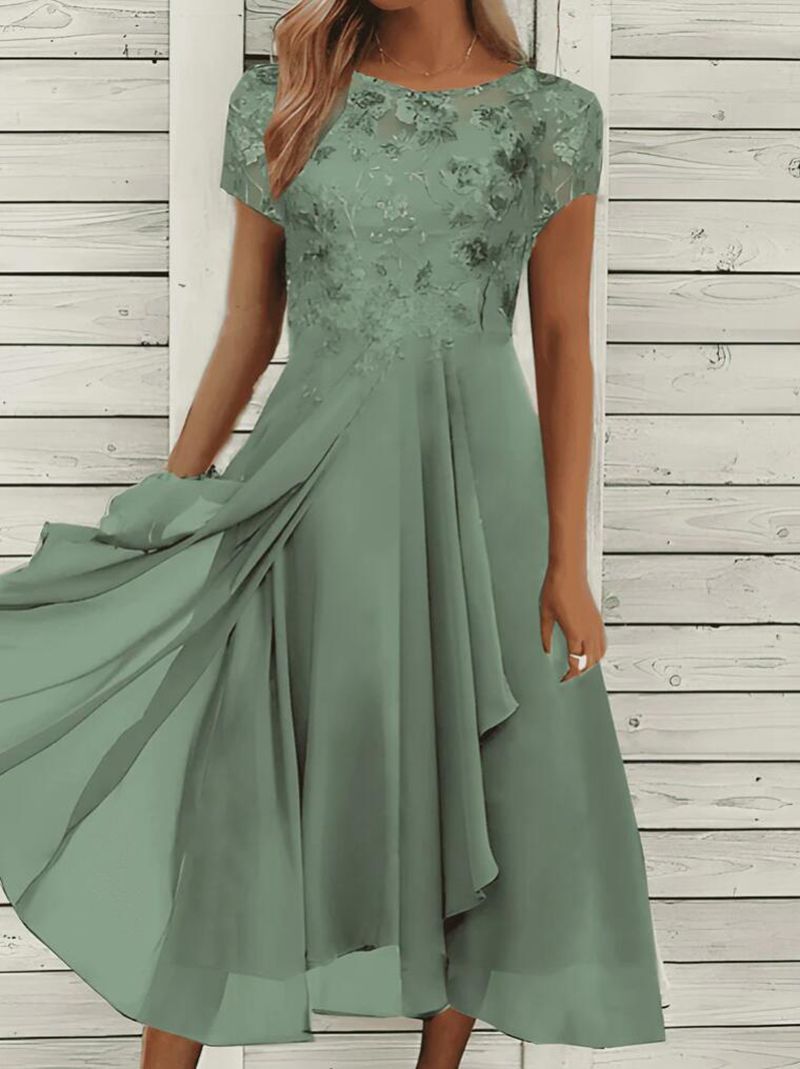 Women's Elegant Chiffon Midi Dress with Floral Lace Appliqué and Flowing A-Line Skirt