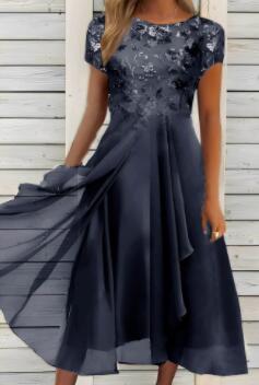 Women's Elegant Chiffon Midi Dress with Floral Lace Appliqué and Flowing A-Line Skirt