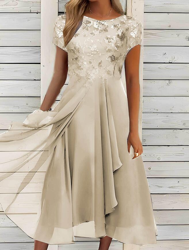 Women's Elegant Chiffon Midi Dress with Floral Lace Appliqué and Flowing A-Line Skirt