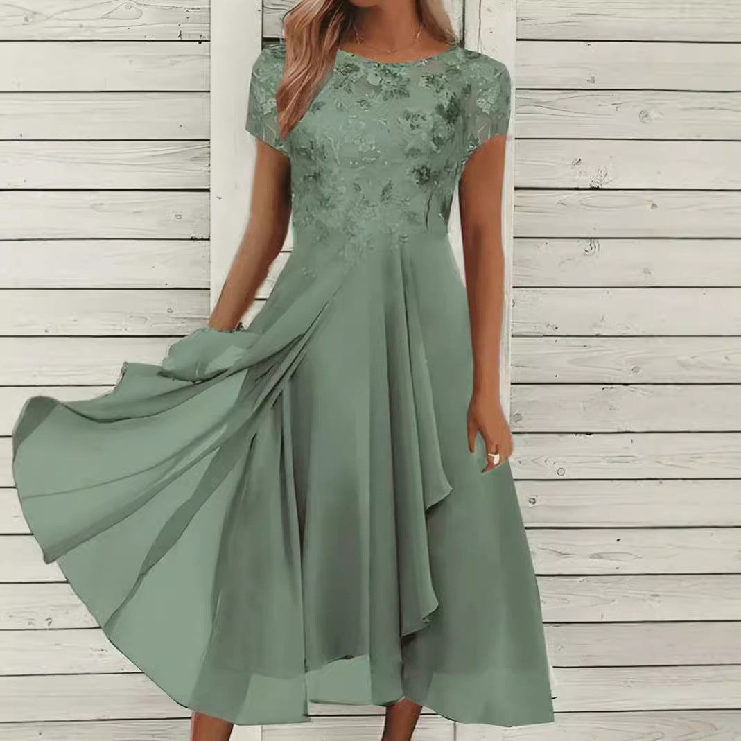 Women's Elegant Chiffon Midi Dress with Floral Lace Appliqué and Flowing A-Line Skirt