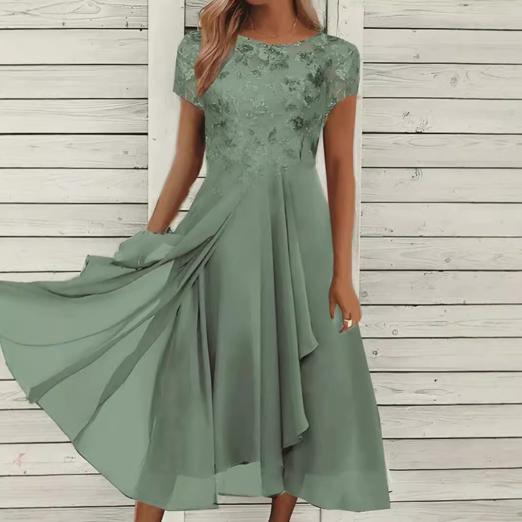Women's Elegant Chiffon Midi Dress with Floral Lace Appliqué and Flowing A-Line Skirt