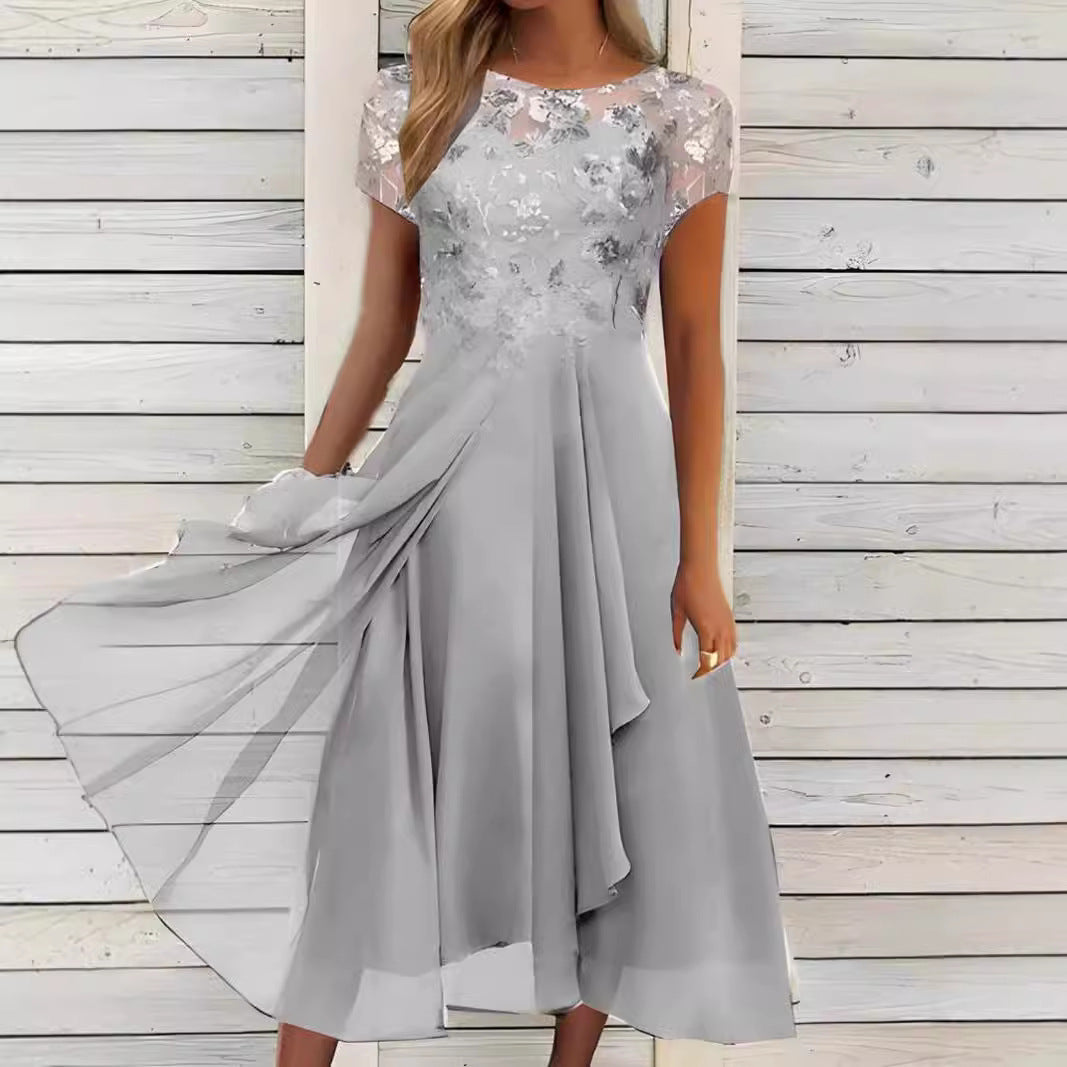 Women's Elegant Chiffon Midi Dress with Floral Lace Appliqué and Flowing A-Line Skirt