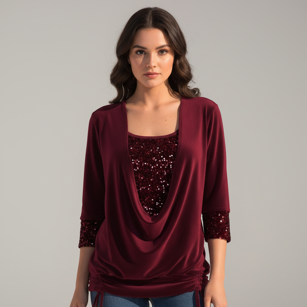 Women's Elegant Figure-Flattering Sequin Long-Sleeve Blouse