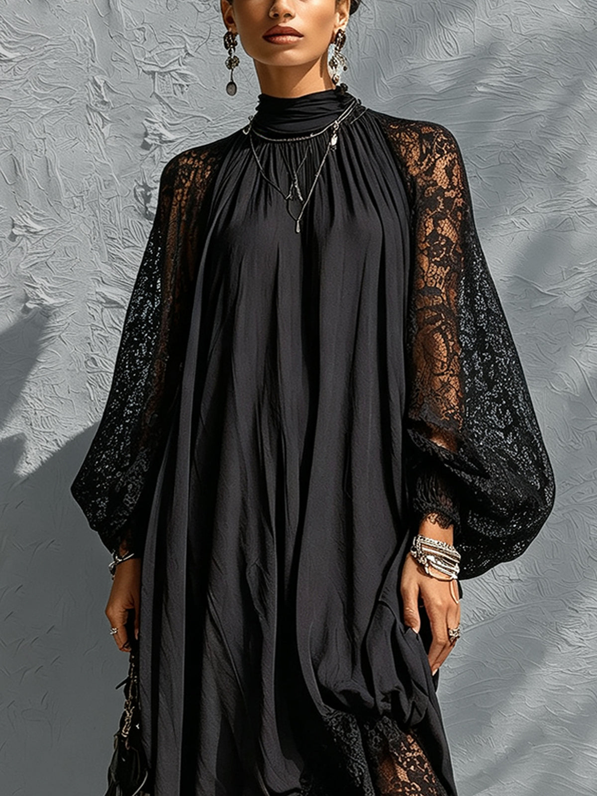 Women's Elegant High-Neck Black Maxi Dress with Lace Sleeves