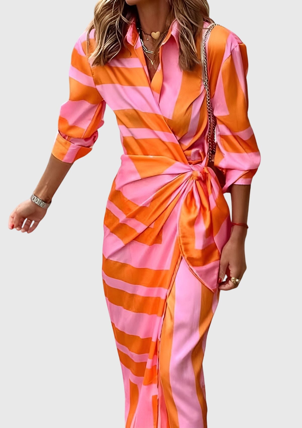 Women's Elegant Printed Wrap Dress with Collar and Adjustable Waist
