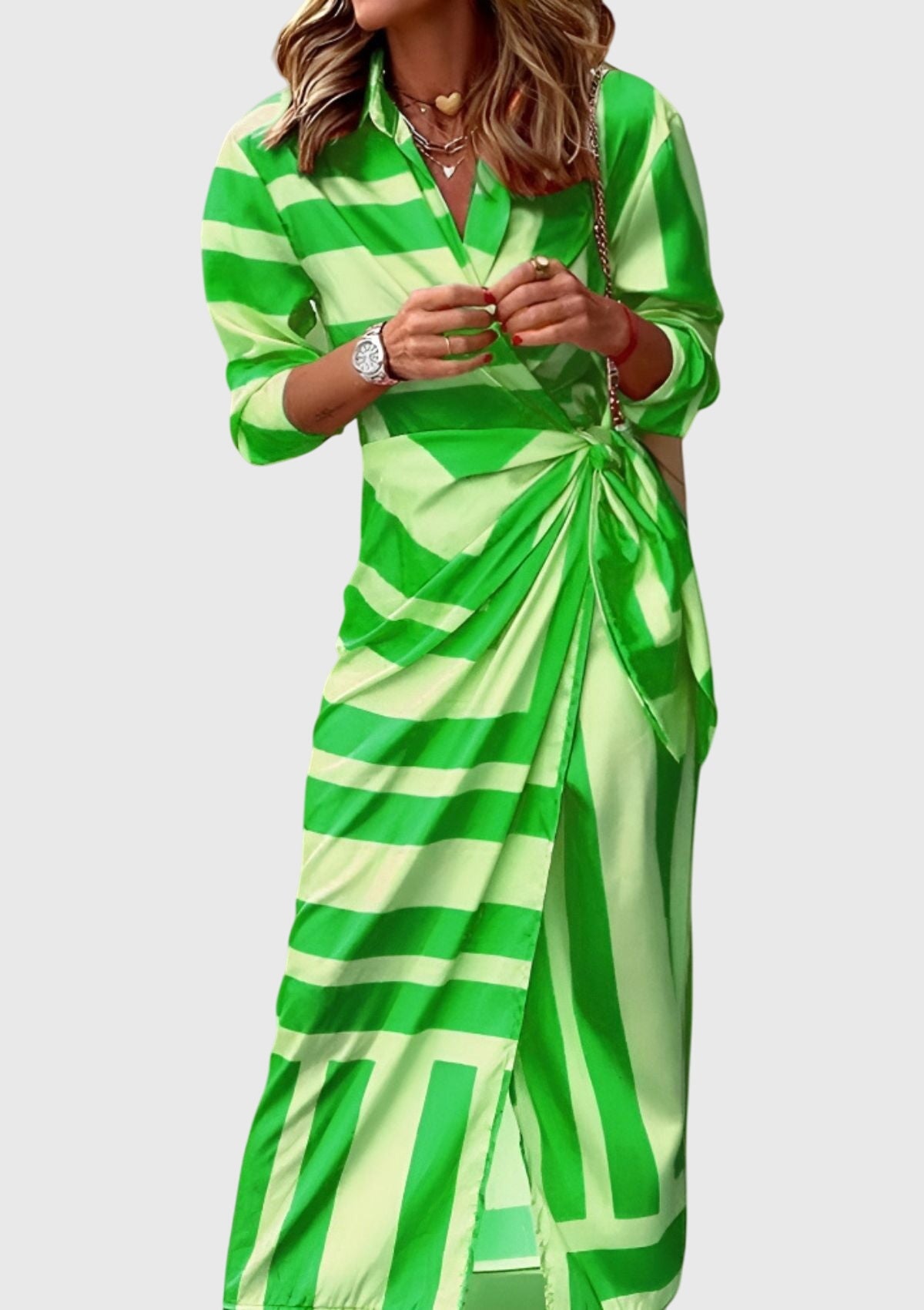 Women's Elegant Printed Wrap Dress with Collar and Adjustable Waist