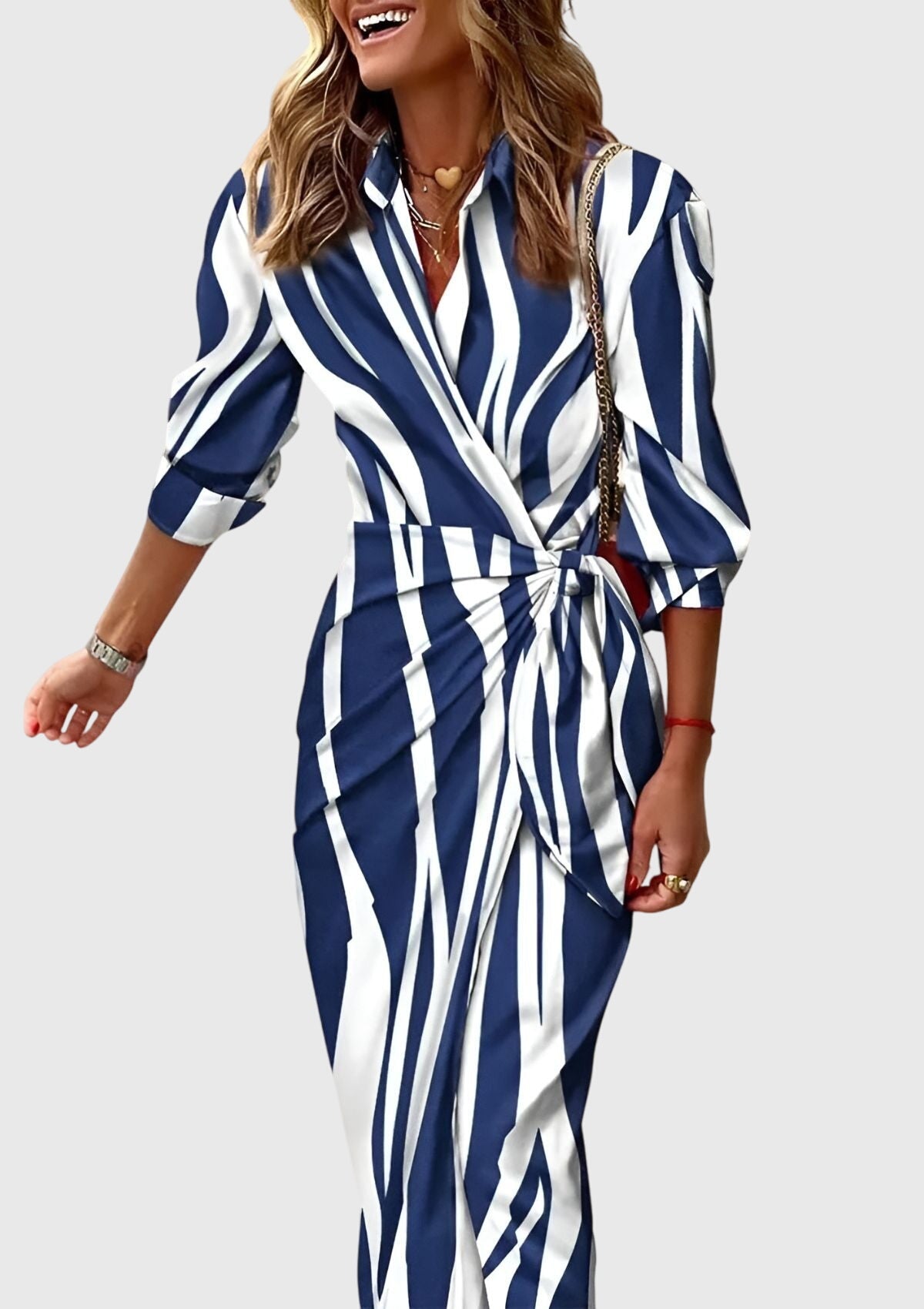 Women's Elegant Printed Wrap Dress with Collar and Adjustable Waist