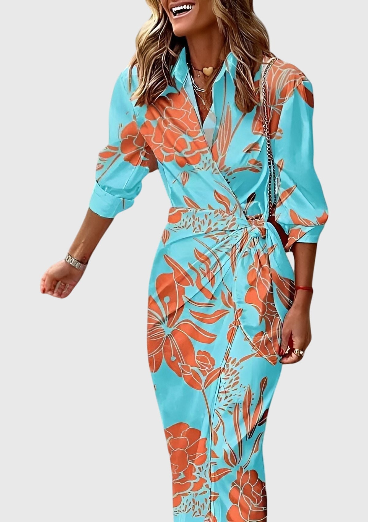Women's Elegant Printed Wrap Dress with Collar and Adjustable Waist