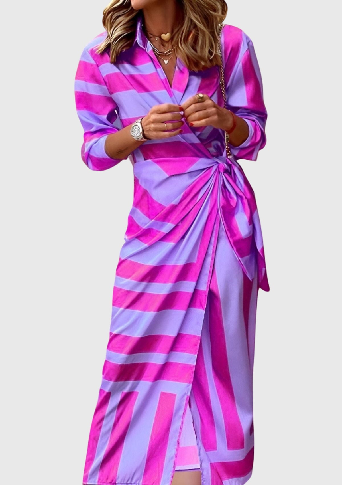 Women's Elegant Printed Wrap Dress with Collar and Adjustable Waist