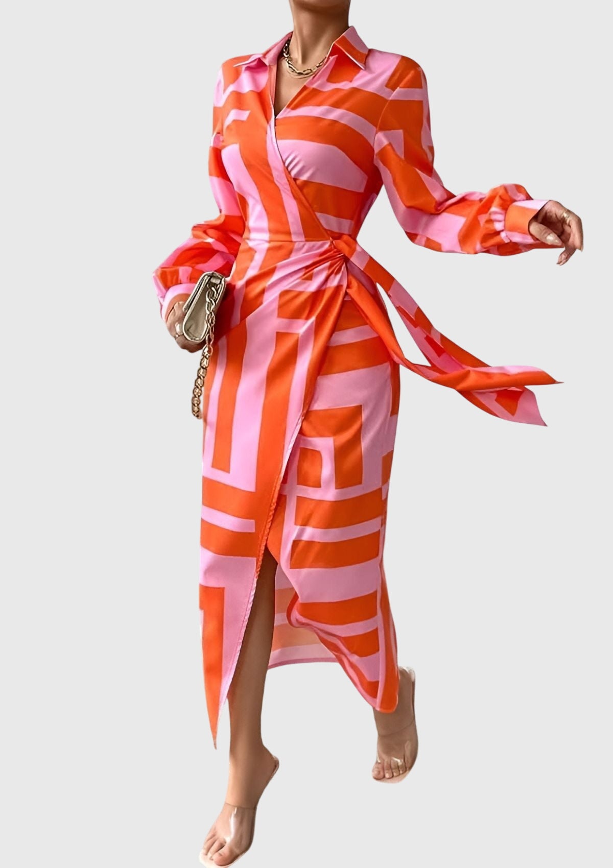 Women's Elegant Printed Wrap Dress with Collar and Adjustable Waist