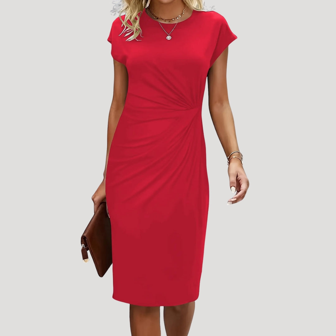 Women's Elegant Ruched Cap Sleeve Midi Dress