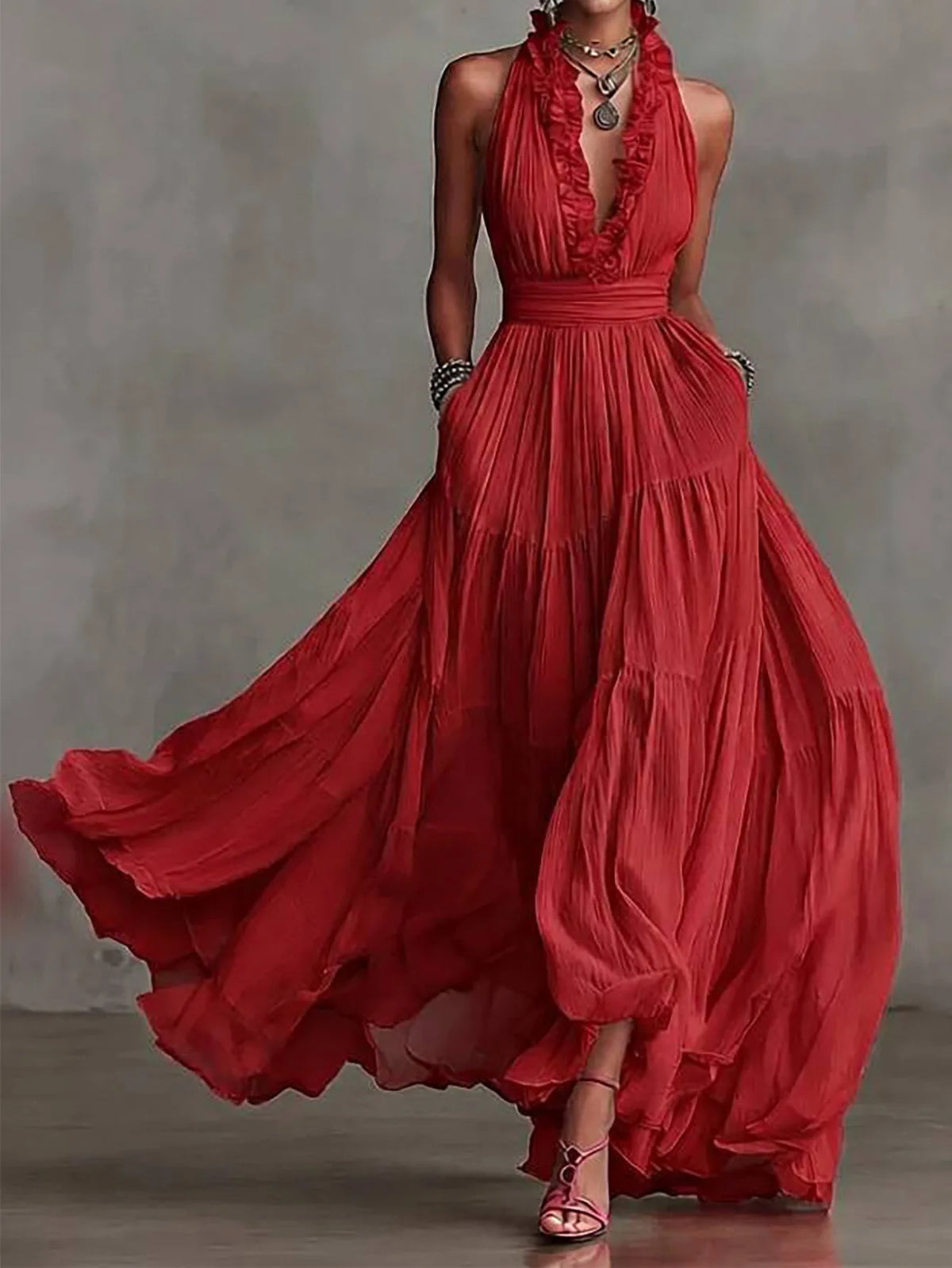 Women's Elegant Ruffle-Trim Backless Evening Maxi Dress
