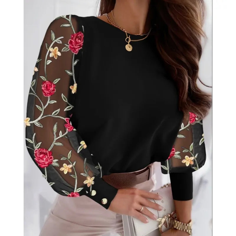 Women's Elegant Sheer Sleeve Appliqué Blouse