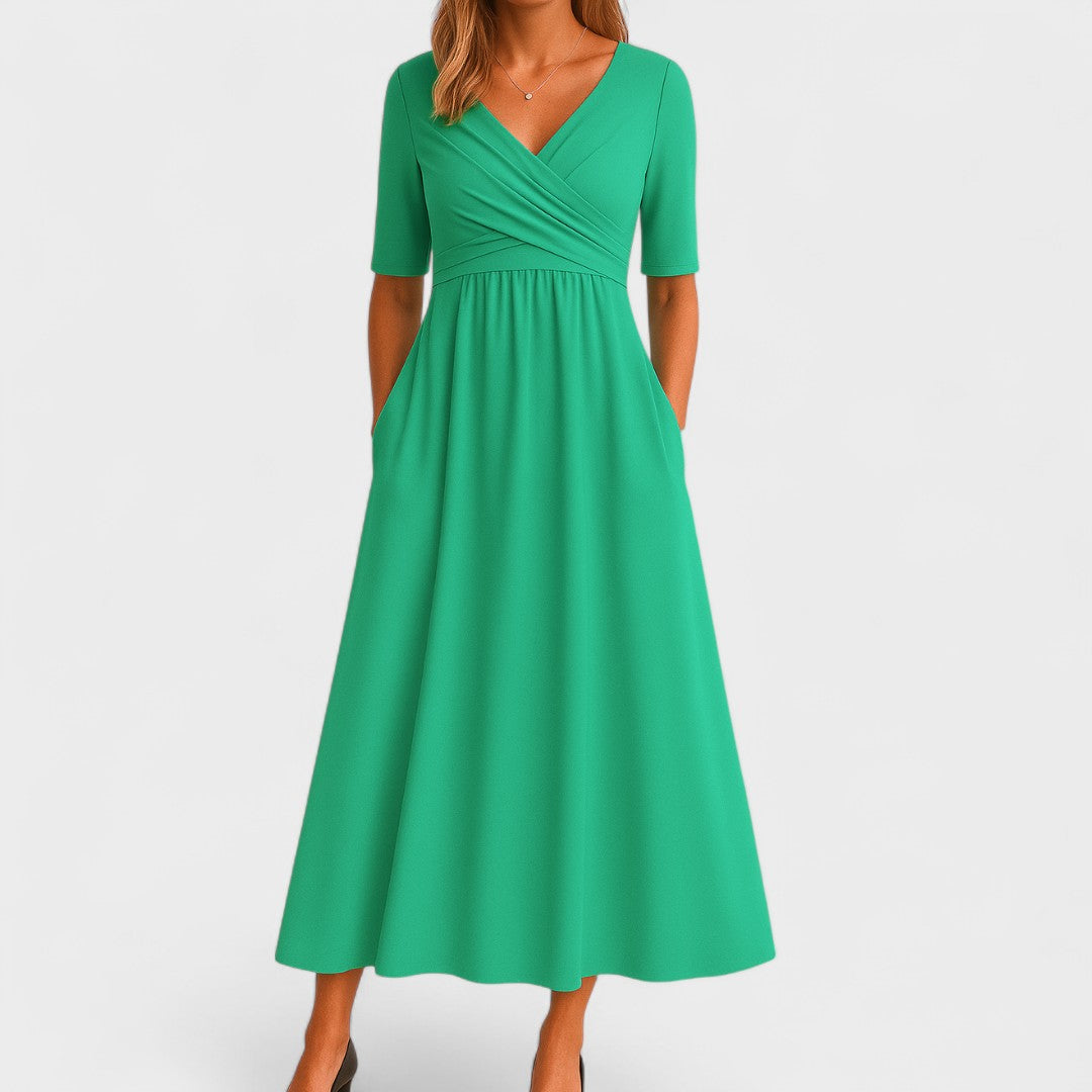 Women's Elegant V-Neck Midi Dress with Crossover Waist
