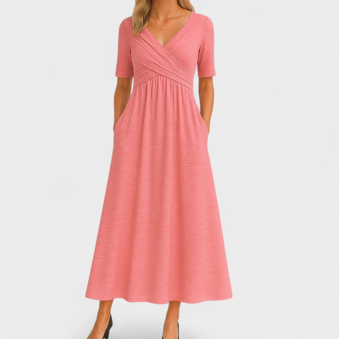 Women's Elegant V-Neck Midi Dress with Crossover Waist