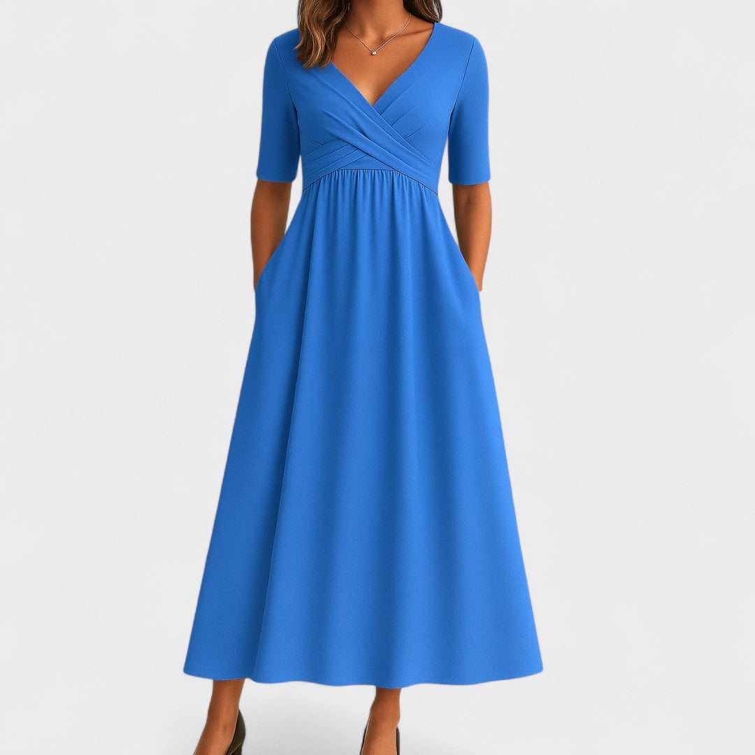 Women's Elegant V-Neck Midi Dress with Crossover Waist